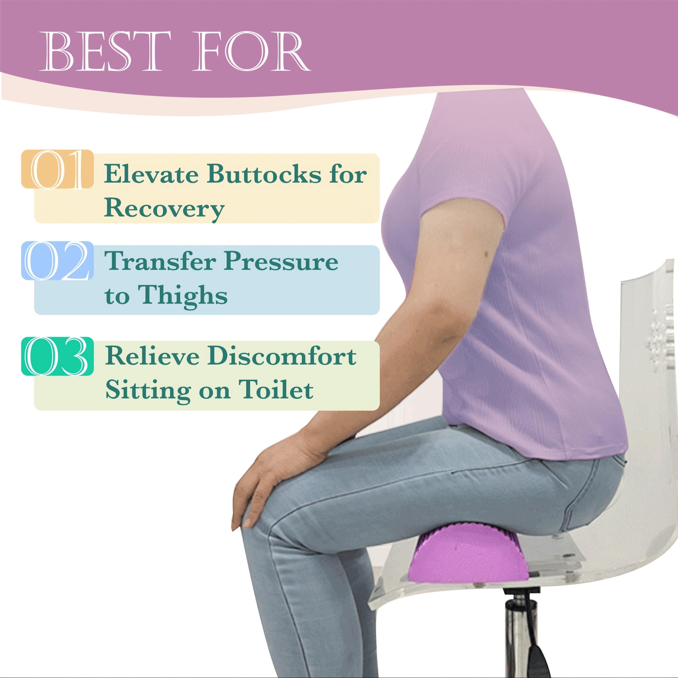 Brazilian Butt Lift Toilet Seat Cushion - Portable, Comfort Support Pad for Enhanced Sitting Posture, Durable BBL Pillow Riser, Firm Hip Support, 17.7x5.9x2.95", Available in Pink, Purple, Blue, Black